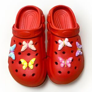 Girls Red Clogs w/ Butterfly Charms Slip-On Garden Beach Shoes Cute Size 12.5
